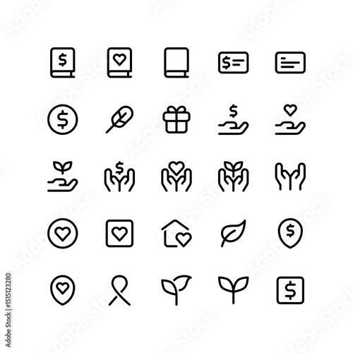 Charity iconography set. Various simple illustrations, including: book, dollar, donate, hand, gift, feather, present, plant, location, home, ask, give, forgive, cheque.