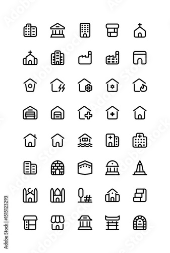 Building iconography set. Various simple illustrations, including: home, church, city, office, company, startup, gate, hospital, clinic, kaaba, stairs, mosque, library, museum, cog, etc.