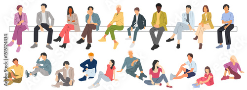 Group of men, women, boys and girls sitting on a bench, different colors, cartoon character, silhouettes of business people, students, the design concept of flat icon, isolated on white background