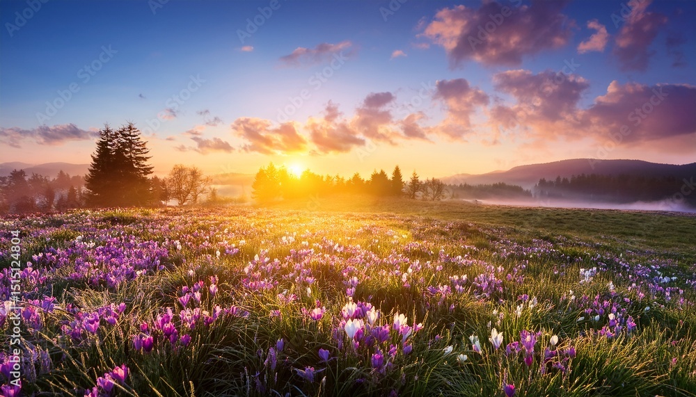 Obraz premium colorful spring sunrise on meadow