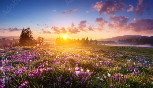 colorful spring sunrise on meadow