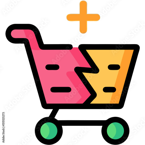 Colorful digital illustration of stylized shopping basket with plus sign and abstract elements