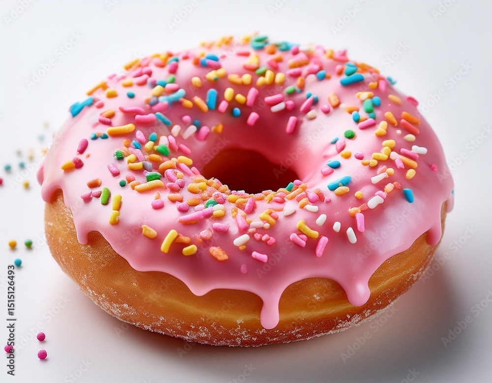 donut with pink icing and colorful sprinkles on white background