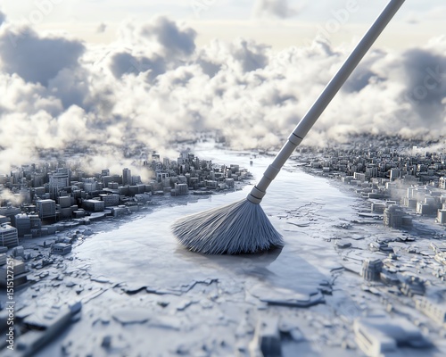 A surreal landscape of a city being swept clean, blending nature with urban elements under a cloudy sky.