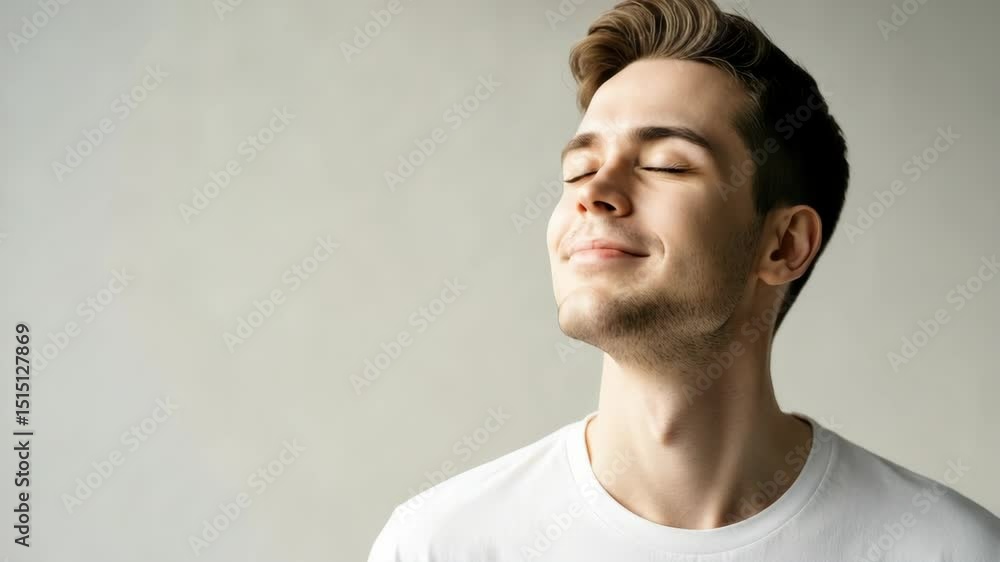 Smiling young Caucasian male with closed eyes in white shirt Smiling young Caucasian male with closed eyes in white shirt