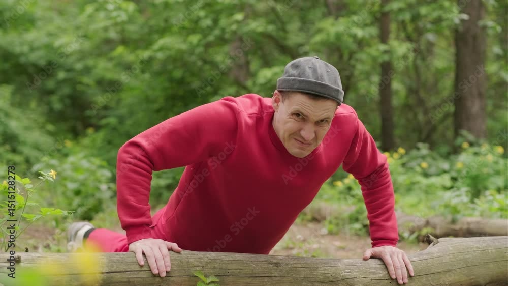 A man performs push-ups using the log as support. The backdrop is a dense forest with trees and foliage. A man performs push-ups using the log as support. The backdrop is a dense forest with trees and foliage.
