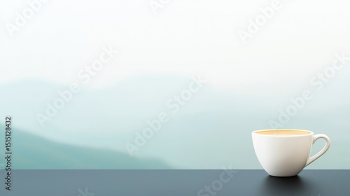 A cup of coffee on a table with a mountain view.  Peaceful morning, relaxation, tranquility concept.