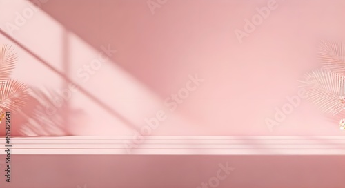 Abstract pink color gradient studio background for product presentation. Empty room with shadows of window and flowers and palm leaves . 3d room with copy space. Summer concert. Blurred backdrop.