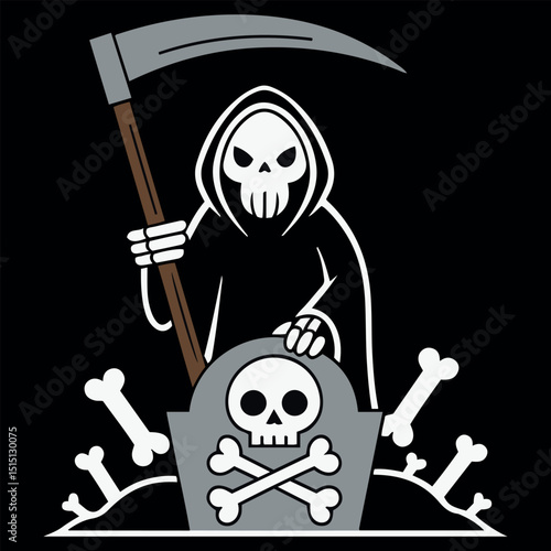 Grim reaper with scythe standing by grave halloween illustration