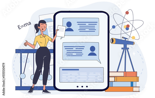 Female teacher explaining science topic next to a large smartphone screen with chat bubbles, flat cartoon style, abstract educational background. Vector illustration