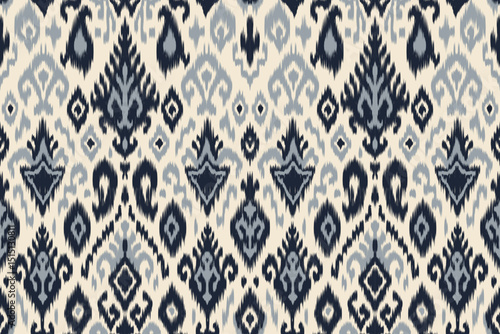 Ikat pattern seamless vector with traditional ethnic tribal blue and white textile design. Abstract boho fabric background for fashion, interior, wallpaper, print, crafts, wrapping and decoration.