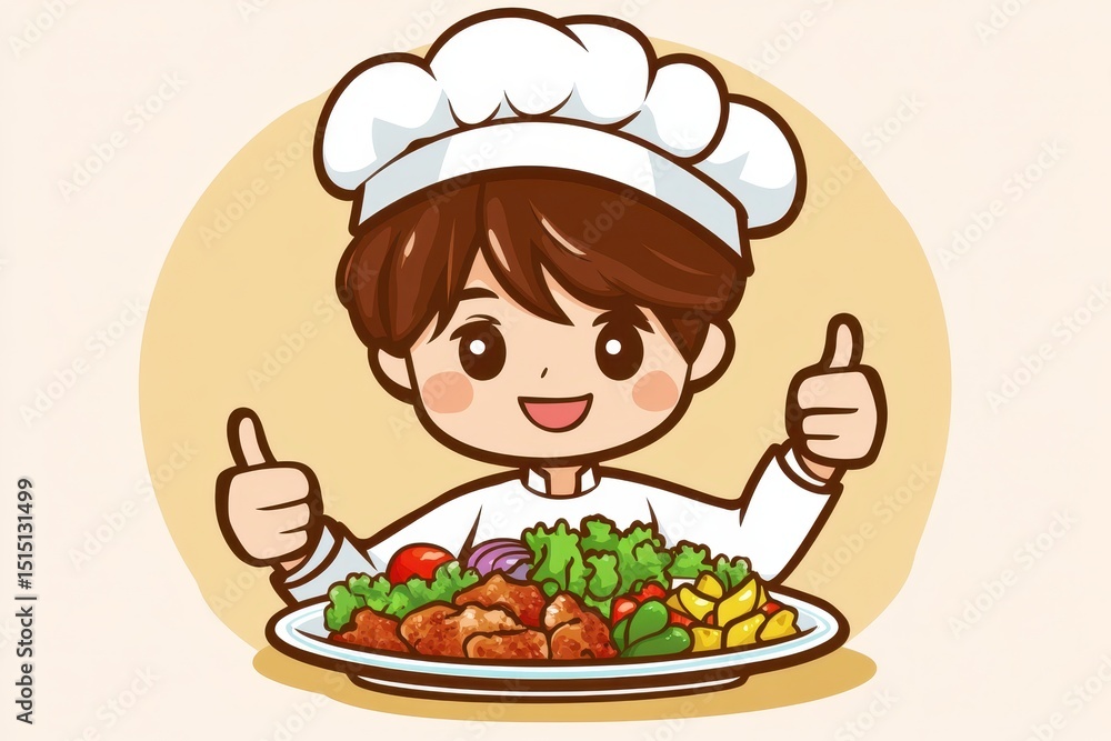 Cheerful Chef with Delicious Plate of Healthy Food and Thumbs Up Cheerful Chef with Delicious Plate of Healthy Food and Thumbs Up