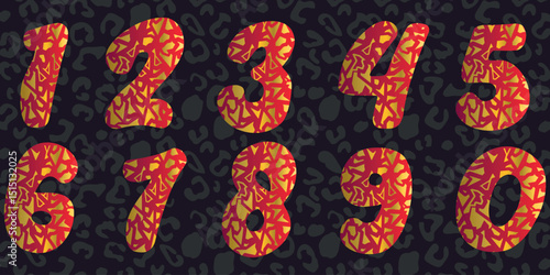 Colorful Abstract Numbers with Red and Gold Pattern on Dark Background