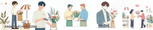 vector of a young man buying flowers
