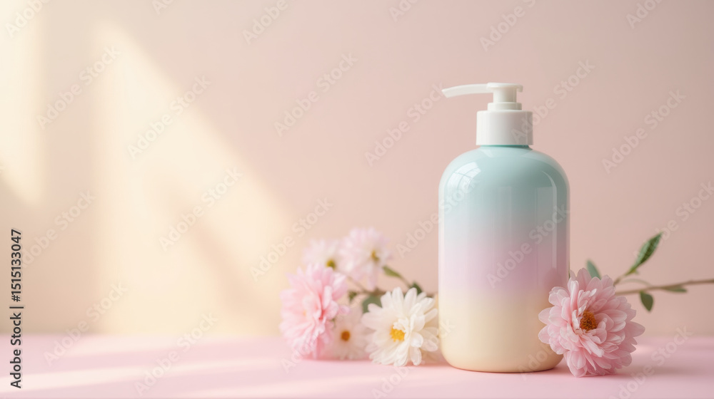 Pastel gradient bottle sits elegantly on soft pink surface, surrounded by delicate flowers, creating serene and inviting atmosphere Pastel gradient bottle sits elegantly on soft pink surface, surrounded by delicate flowers, creating serene and inviting atmosphere