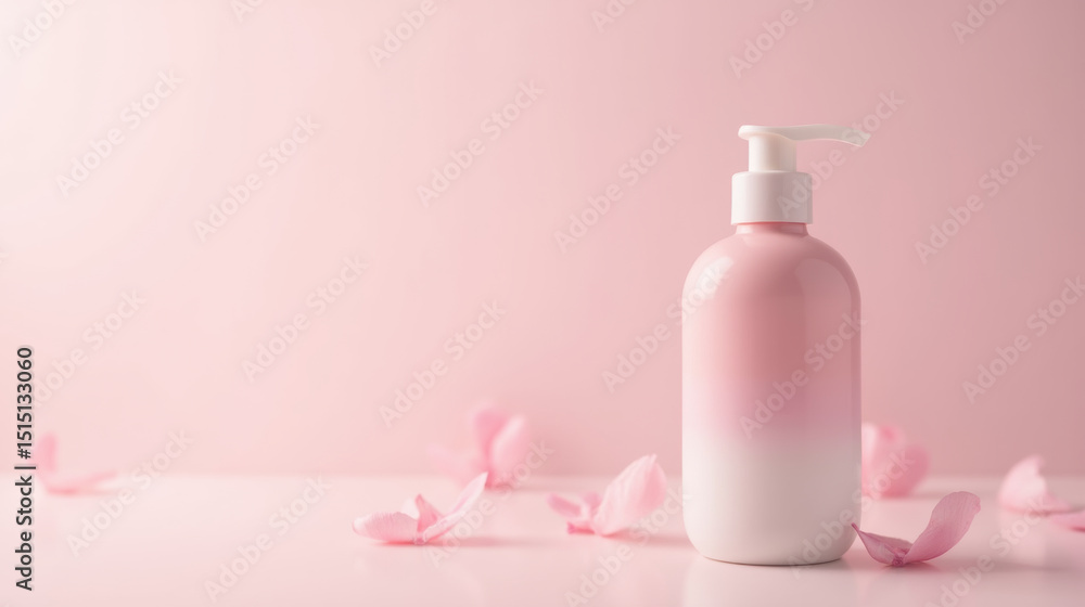 Stylish pink bottle with pump sits elegantly against soft pink background, surrounded by delicate petals, evoking sense of beauty and tranquility Stylish pink bottle with pump sits elegantly against soft pink background, surrounded by delicate petals, evoking sense of beauty and tranquility
