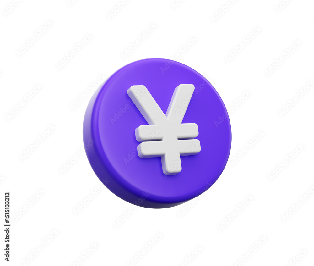 Obraz premium 3D Purple coin with a white Yen symbol, representing Japanese currency and finance. 3d illustration