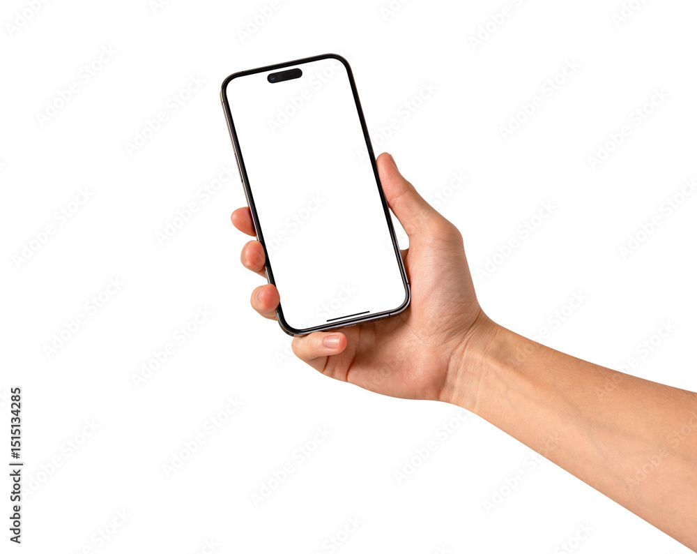 Fotografie Hand showing smartphone with blank screen isolated.