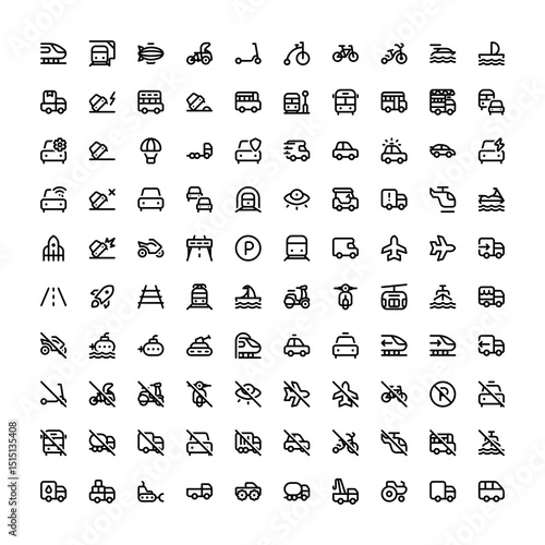Transportation iconography set. Various simple illustrations, including: train, car, bus, scooter, bike, boat, ship, rocket, taxi, truck, bulldozer, submarine, tank, motorcycle, delivery, parachute
