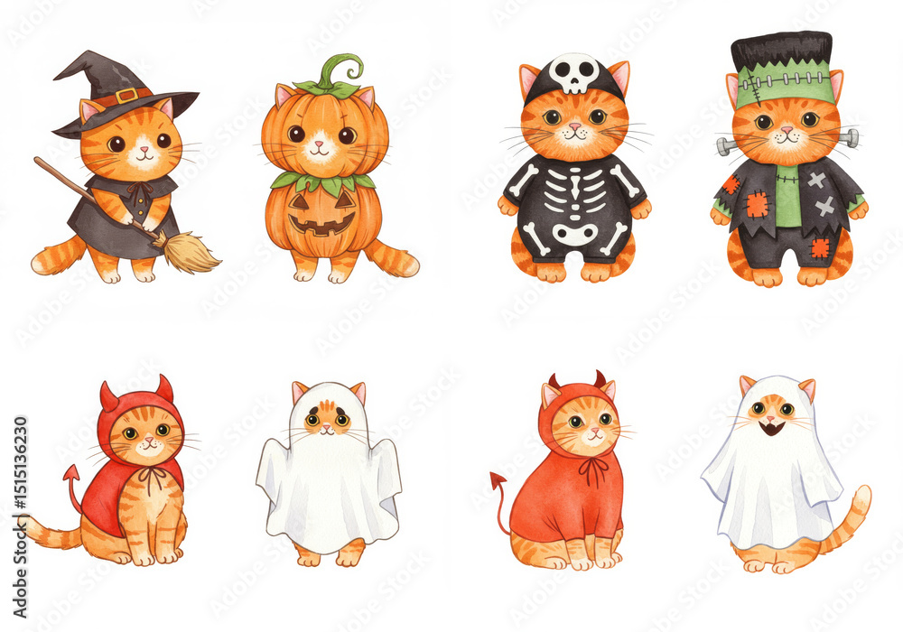Obraz premium Cute Ginger Cats Halloween Costumes Clipart - Eight adorable ginger cats in various Halloween costumes: witch, pumpkin, skeleton, Frankenstein, devil, ghost. Fun, festive, autumnal, playful, spooky