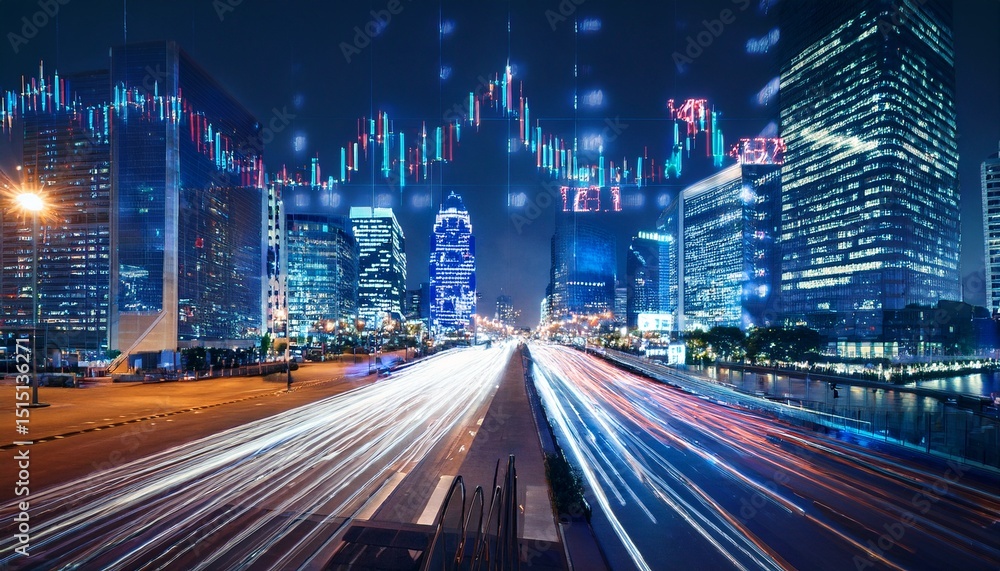 Fototapeta premium dynamic stock market data display at night in city
