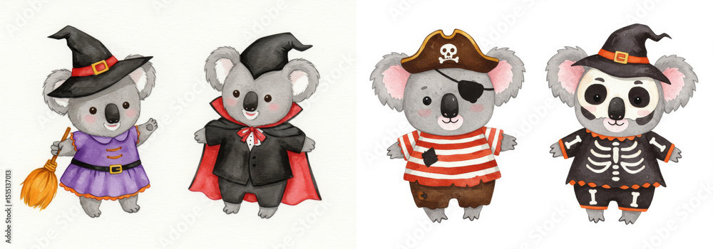Fototapeta premium Adorable Koala Halloween Costumes Clipart - Four cute koalas dressed in Halloween costumes: witch, vampire, pirate, and skeleton. Perfect for autumn celebrations, cards