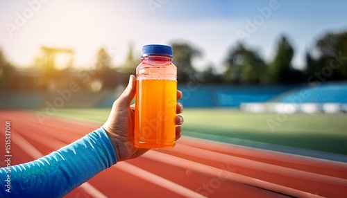 hand holding vibrant electrolyte drink on running track for athletes and runners