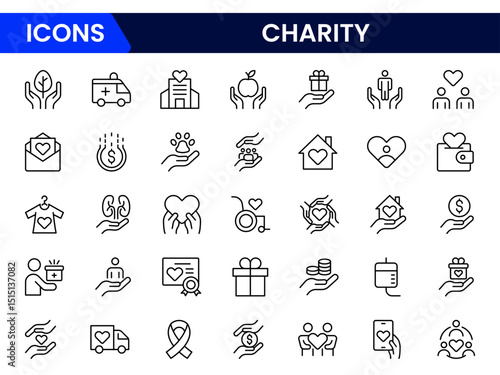 Vector illustration web line icon collection showcasing charity themes, including giving, helping hands, donations, support, community aid, and humanitarian assistance symbols.
