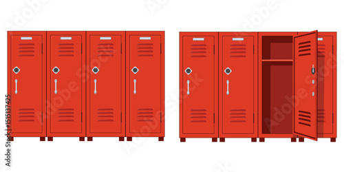 Set of Modern red wardrobes with open and closed doors. On a transparent background.