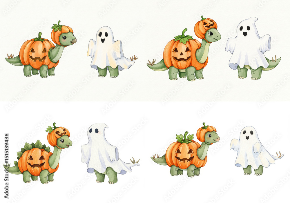 Obraz premium Stegosaurus Halloween Costumes Clipart - Adorable Stegosaurus dinosaurs dressed in pumpkin and ghost costumes for Halloween. Perfect for seasonal decorations, cards