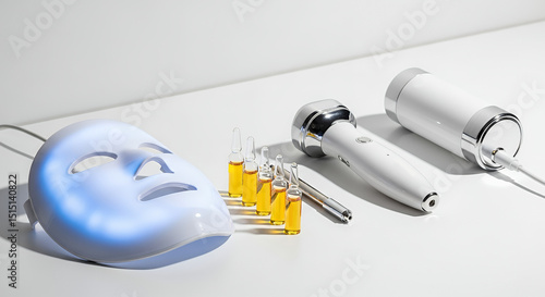 Comprehensive skincare biohacking kit including LED mask, device, and serums on a clean surface