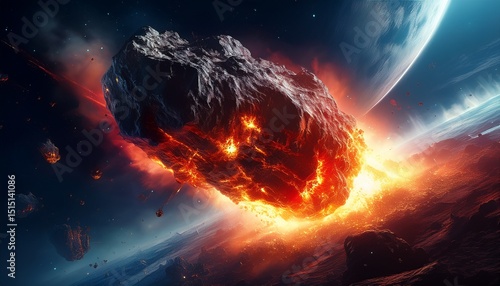 massive asteroid plummeting from the sky in a fiery blaze a dramatic and intense scene of a burning space rock entering earth s atmosphere with bright flames and smoke trails against the dark sky