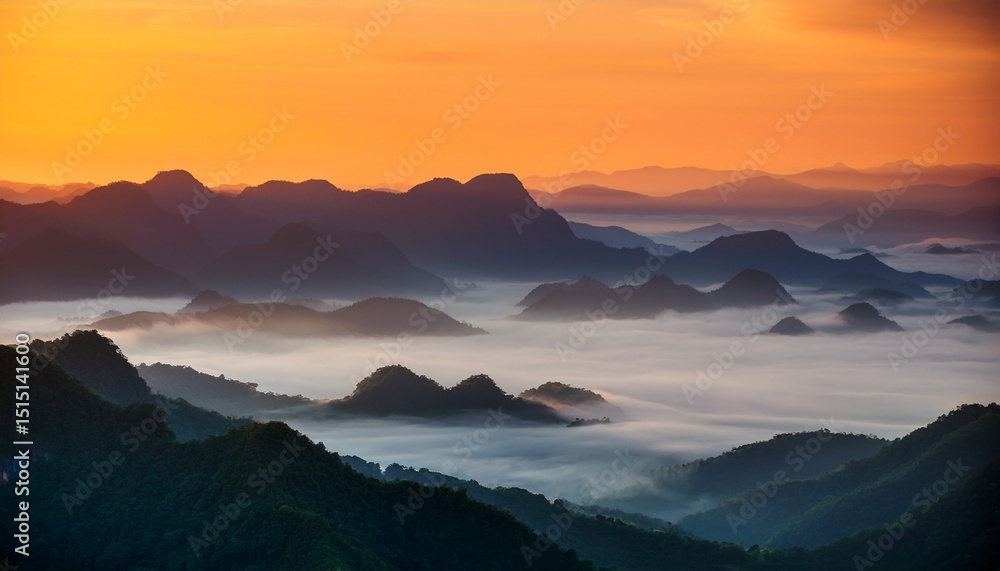 Fototapeta premium sunrise mountain range with mist rolling over the landscape