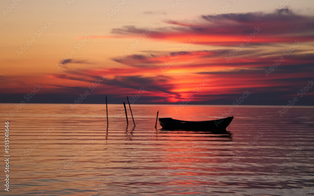 Serene sunset silhouette boat calm water Serene sunset silhouette boat calm water