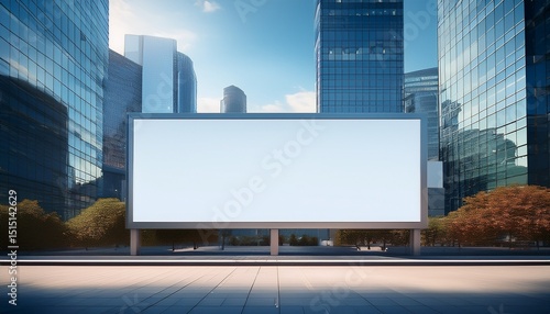 blank billboard in modern cityscape with glass skyscrapers free space