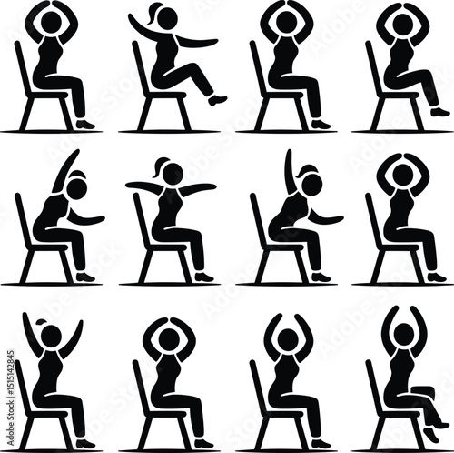Set of black and white stick figure illustrations demonstrating simple chair exercises and stretches for office work