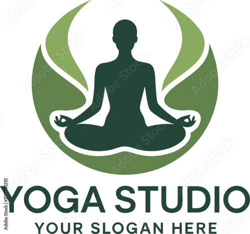 Yoga studio logo design featuring a meditating figure in a calming green and circular shape