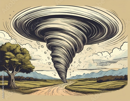 hand drawn illustration of a whirling tornado over landscape retro hand drawn illustration