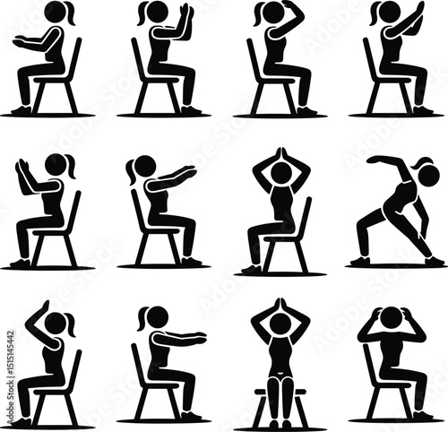 Collection of yoga and exercise poses demonstrated by a woman sitting on a chair in black and white vector