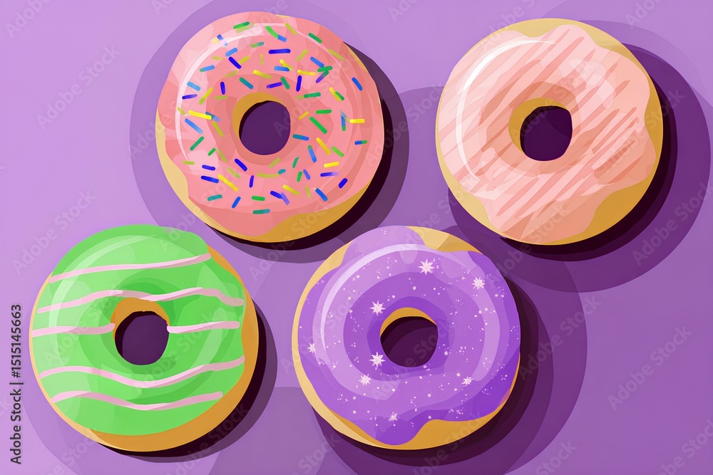 Fototapeta premium Colorful flat illustration of four delicious donuts with various toppings, including sprinkles and icing, arranged on a vibrant purple background, showcasing sweet treats and dessert appeal