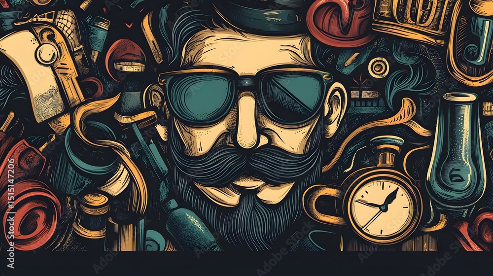 Fototapeta premium Detailed illustration of a man with a vintage style beard and sunglasses, surrounded by various objects.