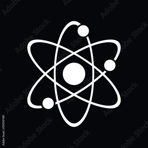 White Atom Icon on Black Background Representing Science Physics Chemistry and Technology with Electrons Orbiting the Nucleus in a Minimalist Style