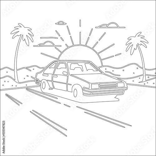 Cartoon vector illustration of a car on a road in a summer landscape, perfect for travel and tourism designs