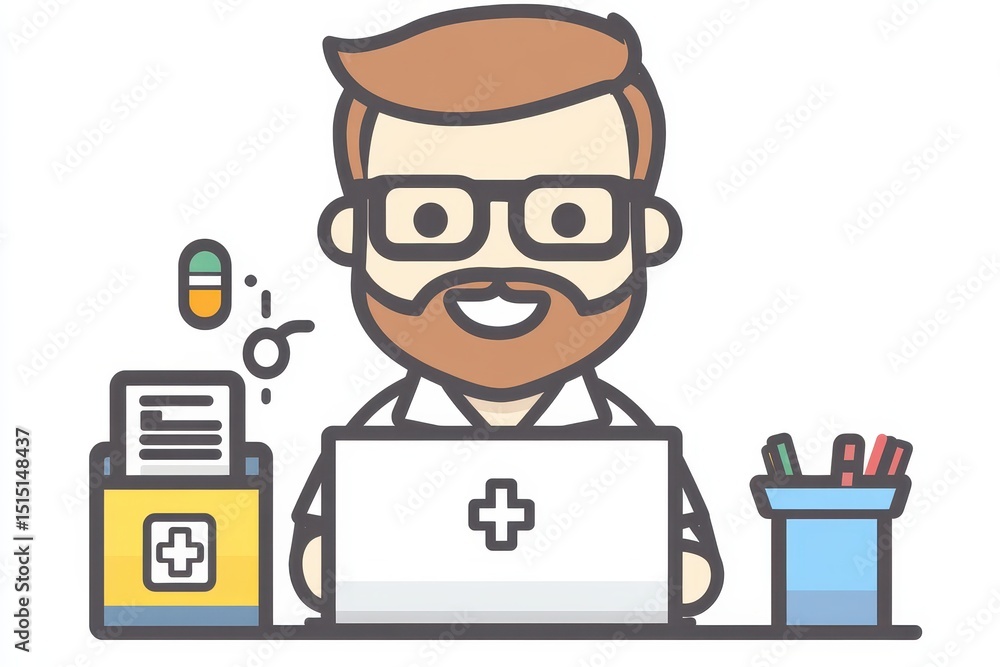 Happy male pharmacist working on laptop with medication and files Happy male pharmacist working on laptop with medication and files