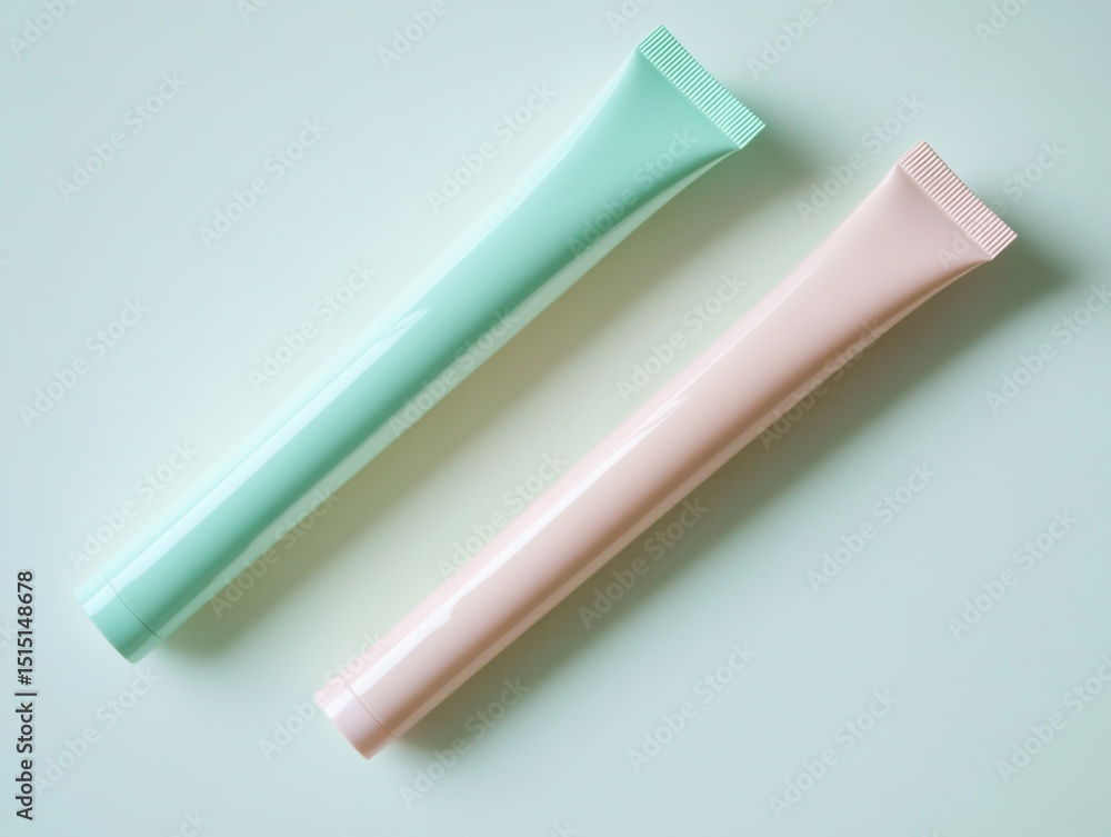Photo of an empty pastel green and pink cosmetic tube mockup on a light background . Photo of an empty pastel green and pink cosmetic tube mockup on a light background .