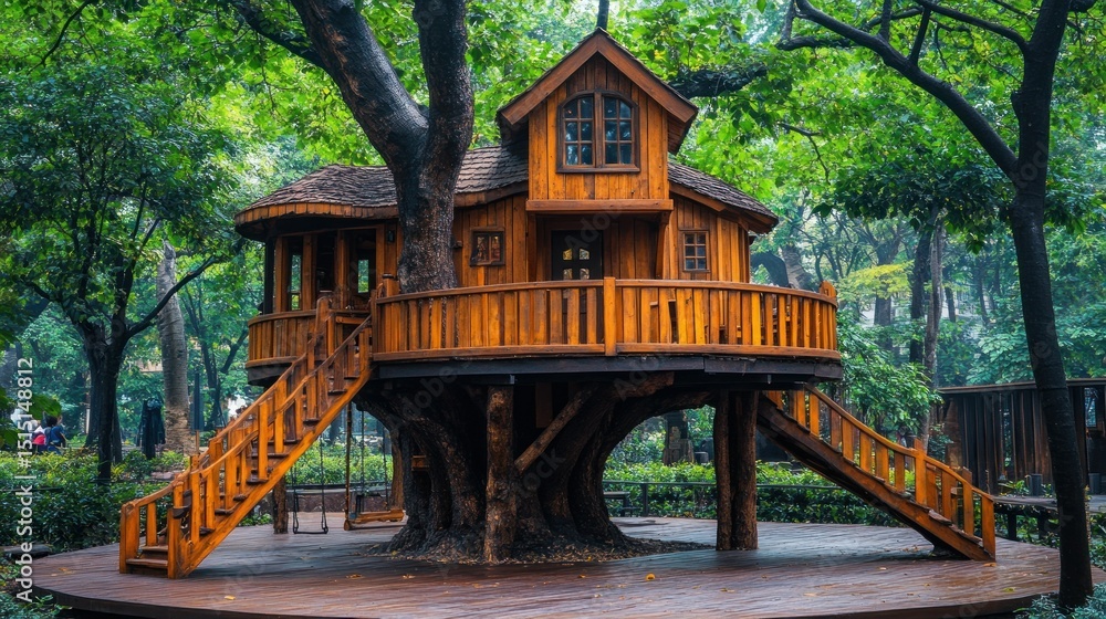 Wooden treehouse playhouse in park Wooden treehouse playhouse in park