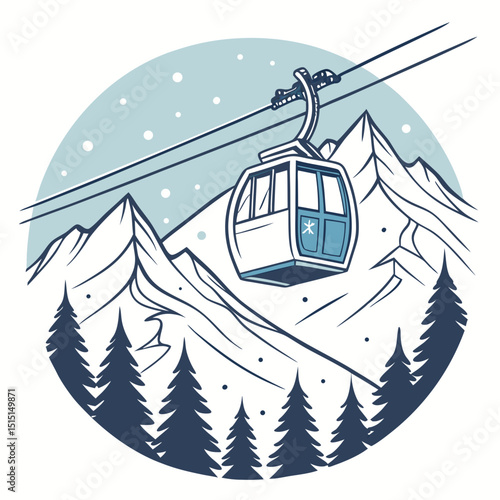 Gondola lift moving over snow-covered mountains in winter landscape  