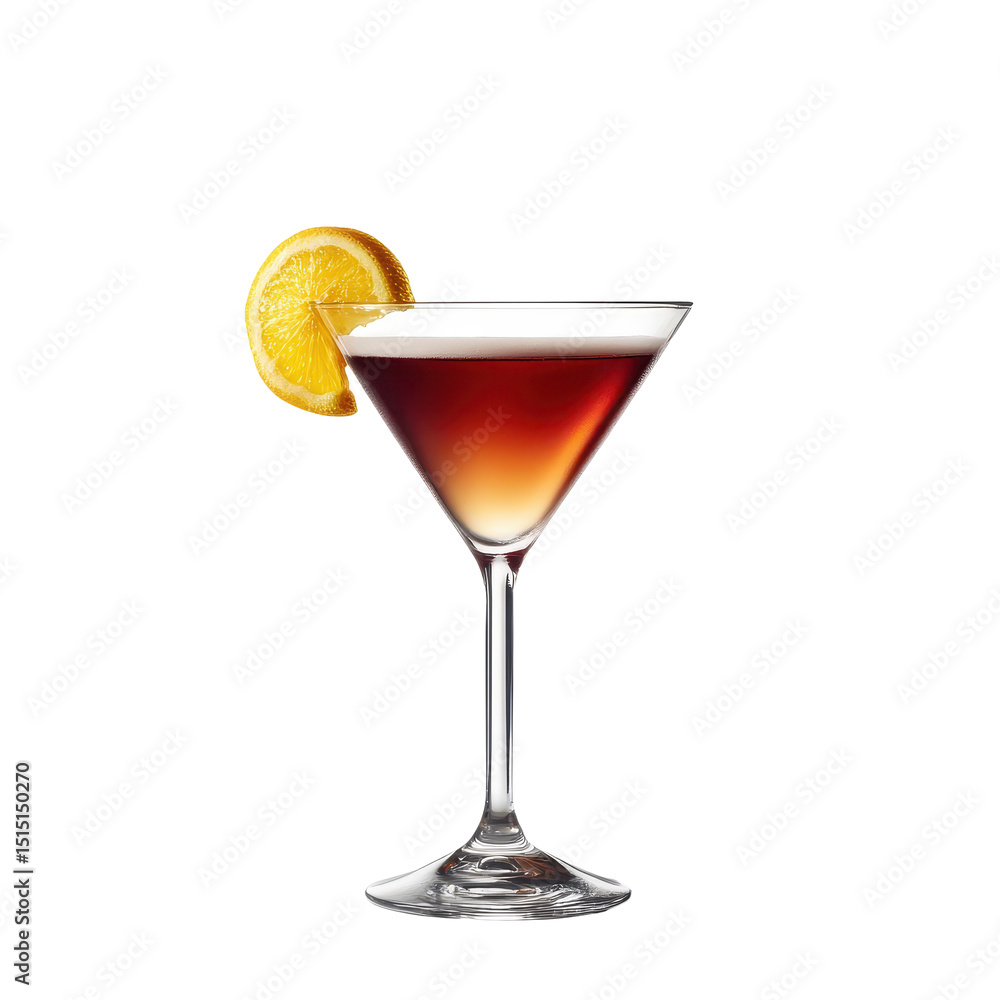 Colorful cocktail served in a stylish glass garnished with a slice of orange on a plain background Colorful cocktail served in a stylish glass garnished with a slice of orange on a plain background