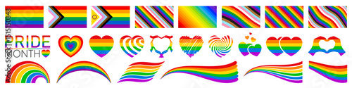 LGBT marriage rainbow backgrounds set, pride flags, LGBTQ gay pride stripes and hearts