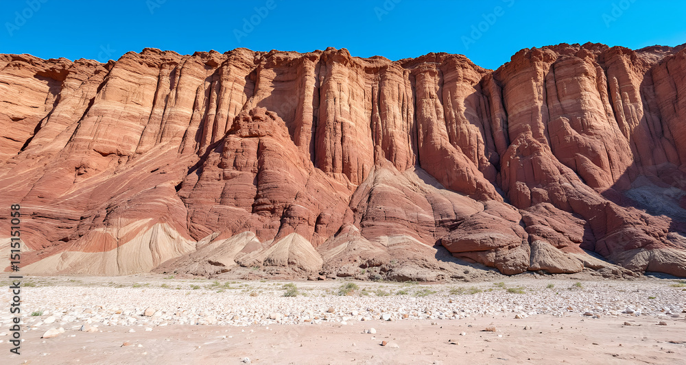 Dramatic multicolored sedimentary layers exposed in natural cliff face showing geological timeline. Striking earth strata visible. Concept: geology education, earth science, conservation Dramatic multicolored sedimentary layers exposed in natural cliff face showing geological timeline. Striking earth strata visible. Concept: geology education, earth science, conservation